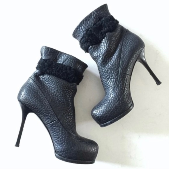 YSL Tribtoo Black Crinkled Leather Shearling Boots Sz 38 - Picture 1 of 12